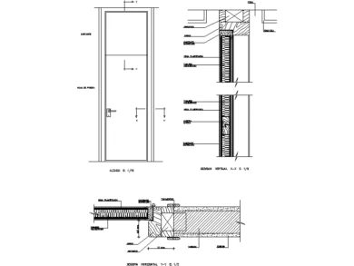 Detalle constructivo de puerta interior de una hoja con fijo superior, cerco y secciones de encuentros