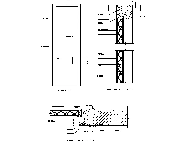 Detalle constructivo de puerta interior de una hoja con fijo superior, cerco y secciones de encuentros