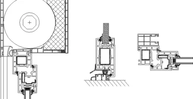 Tres detalles constructivos de cajón de persiana enrollable con rollo y eje circular, perfiles huecos de ventana y encuentros de carpintería
