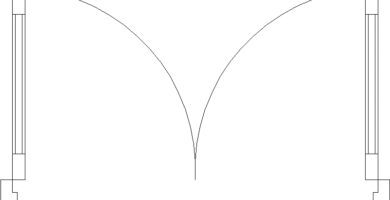 Dibujo en planta de una puerta abatible de dos hojas simétricas con arcos de apertura enfrentados