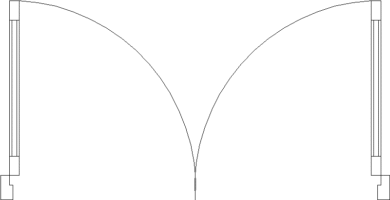 Dibujo de puerta abatible de dos hojas rectangulares simétricas, abiertas hacia lados opuestos, con dos arcos de giro y extremos laterales escalonados