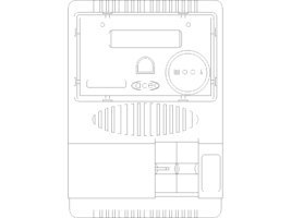 Dibujo técnico de un aparato eléctrico rectangular con panel frontal, elemento circular, rejillas verticales y compartimento inferior