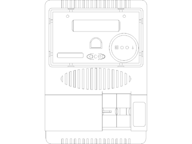 Dibujo técnico de un aparato eléctrico rectangular con panel frontal, elemento circular, rejillas verticales y compartimento inferior