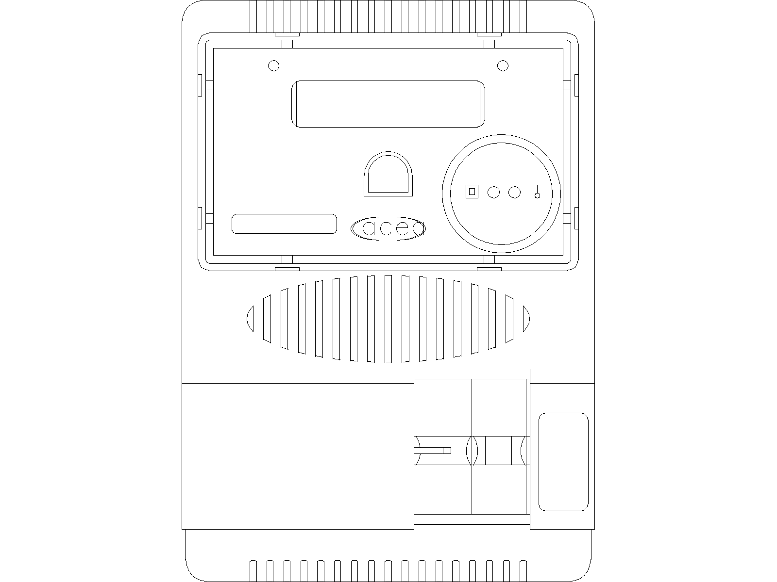 Dibujo técnico de un aparato eléctrico rectangular con panel frontal, elemento circular, rejillas verticales y compartimento inferior