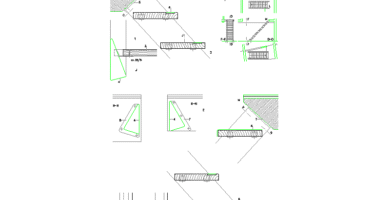 Detalles constructivos de escaleras con tramos inclinados, apoyos horizontales, perfiles y encuentros rayados.