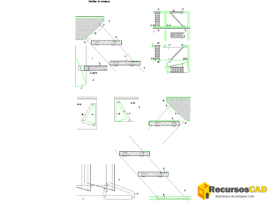 Detalles constructivos de escaleras con tramos inclinados, apoyos horizontales, perfiles y encuentros rayados.