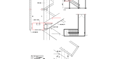 Detalles de escalera con perfiles en I, apoyos horizontales y verticales, peldaños, uniones inclinadas y zona rayada.