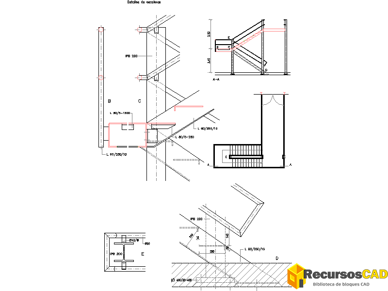 Detalles de escalera con perfiles en I, apoyos horizontales y verticales, peldaños, uniones inclinadas y zona rayada.