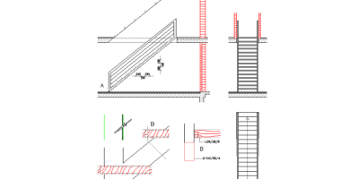 Escalera recta entre dos niveles con peldaños, hueco superior, elementos verticales rojos y detalles de apoyo A y B.