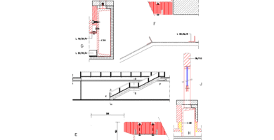 Escalera de tramo recto inclinado con peldaños, apoyo longitudinal y cinco detalles de uniones constructivas E, F, G, H y J