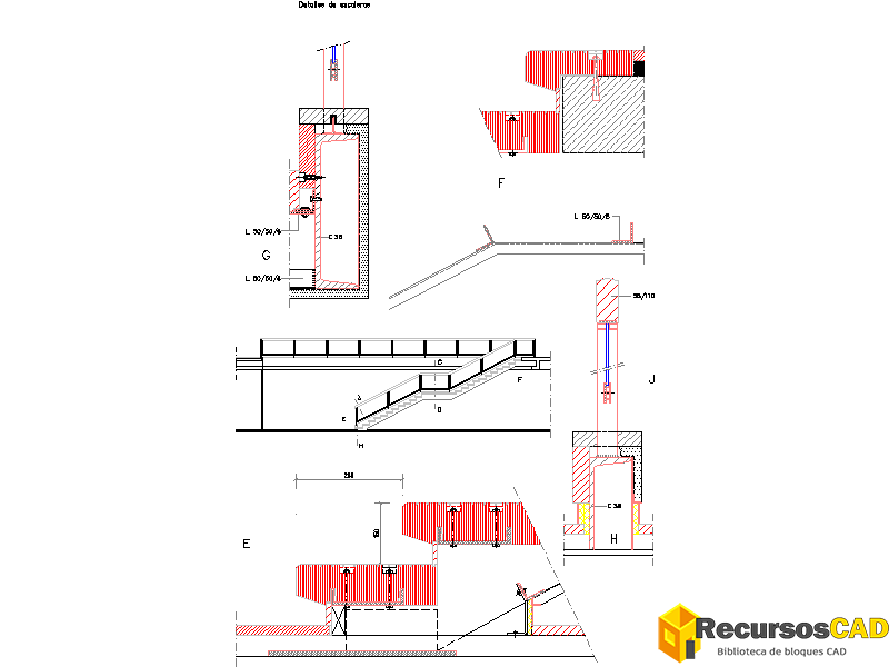 Escalera de tramo recto inclinado con peldaños, apoyo longitudinal y cinco detalles de uniones constructivas E, F, G, H y J