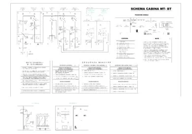 Esquema eléctrico de cabina con transformadores, circuitos de distribución, celdas de maniobra, leyenda y tablas de seguridad en italiano
