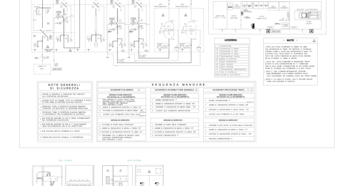 Esquema eléctrico de cabina con transformadores, circuitos de distribución, celdas de maniobra, leyenda y tablas de seguridad en italiano