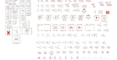 Lámina de símbolos de maniobra DWG con contactos eléctricos, relés y motores para AutoCAD