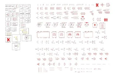 Lámina de símbolos de maniobra DWG con contactos eléctricos, relés y motores para AutoCAD