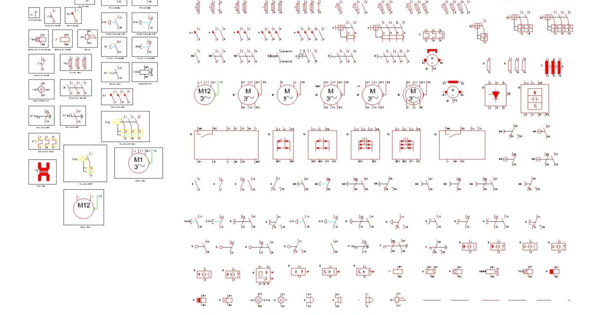 Lámina de símbolos de maniobra DWG con contactos eléctricos, relés y motores para AutoCAD