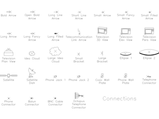 Símbolos de conexiones de telecomunicaciones DWG y TV