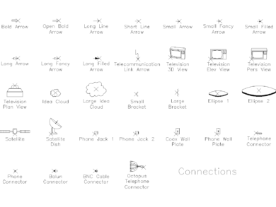 Lámina 2D con símbolos de tomas telefónicas, conectores coaxiales BNC y balun, antena parabólica, televisores y flechas de señalización