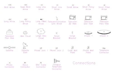 Lámina 2D con símbolos de tomas telefónicas, conectores coaxiales BNC y balun, antena parabólica, televisores y flechas de señalización