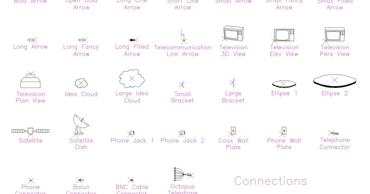 Lámina 2D con símbolos de tomas telefónicas, conectores coaxiales BNC y balun, antena parabólica, televisores y flechas de señalización