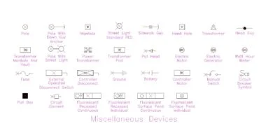 Lámina de 30 símbolos eléctricos con postes, transformadores, registros, fusibles, seccionadores, motores, generadores y cuatro tipos de luminarias fluorescentes