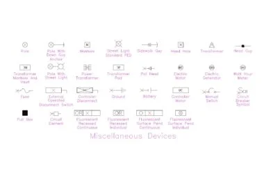 Lámina de 30 símbolos eléctricos con postes, transformadores, registros, fusibles, seccionadores, motores, generadores y cuatro tipos de luminarias fluorescentes