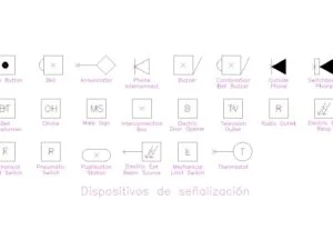 Símbolos de señalización eléctrica DWG: timbres, pulsadores y detectores