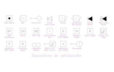 Símbolos de señalización eléctrica DWG: timbres, pulsadores y detectores