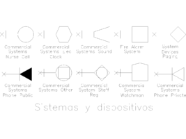 Lámina de 10 símbolos de sistemas comerciales con llamada de enfermería, reloj eléctrico, megafonía, alarma de incendios, teléfonos público y privado, registro de personal y vigila