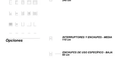 Lámina de mecanismos eléctricos con placas rectangulares individuales y múltiples, interruptores y enchufes a 110 cm, tomas específicas a 60 cm y referencia superior de 240 cm