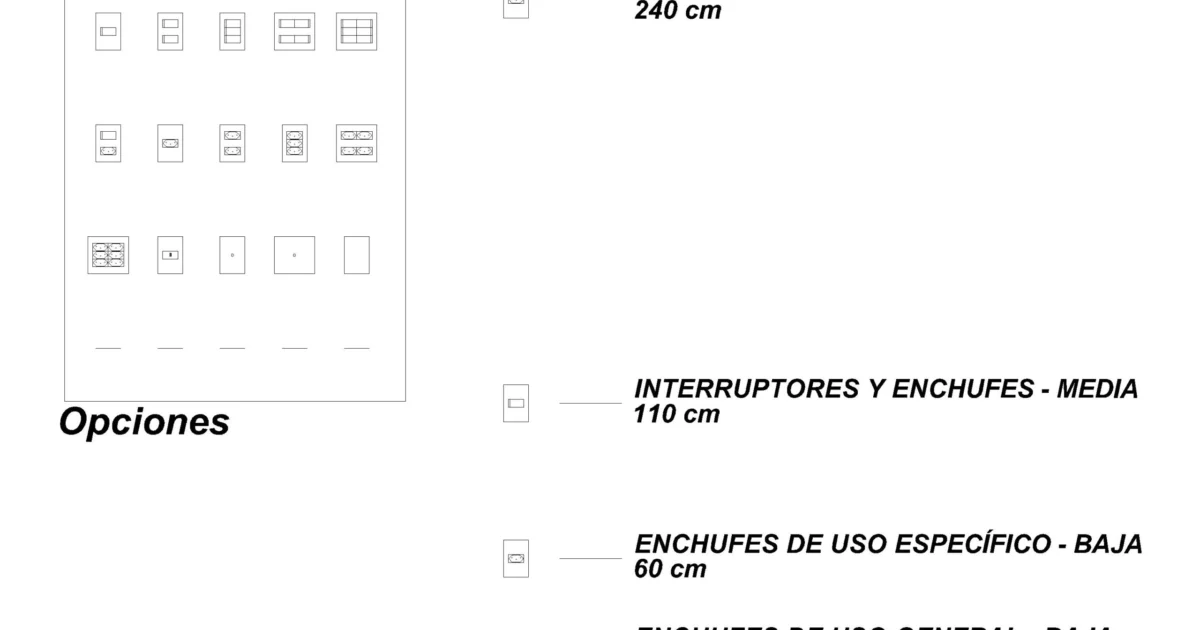 Lámina de mecanismos eléctricos con placas rectangulares individuales y múltiples, interruptores y enchufes a 110 cm, tomas específicas a 60 cm y referencia superior de 240 cm