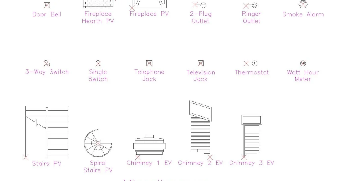 Bloques símbolos eléctricos domésticos y elementos arquitectónicos DWG con escaleras y chimeneas — vista previa CAD