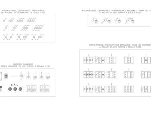 Símbolos de interruptores y conmutadores AutoCAD con tomas de corriente DWG