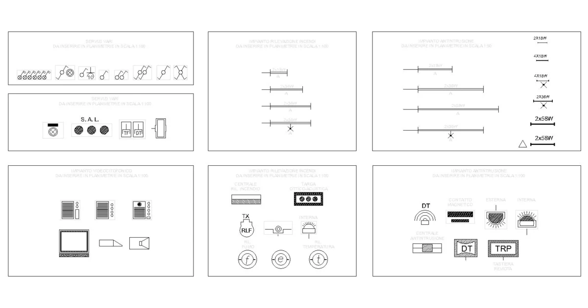 Bloques símbolos de instalaciones eléctricas, detección de incendios, videoportero y antiintrusión DWG — vista previa CAD