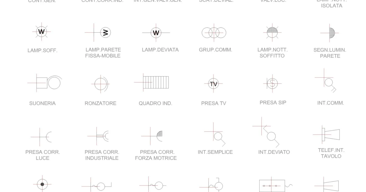 Símbolos eléctricos de iluminación, tomas y comunicaciones en DWG — vista previa CAD
