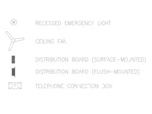 Bloques símbolos eléctricos y comunicaciones DWG para emergencia y distribución<div class="rcad-resource-excerpt">Bloque CAD compuesto por simbología eléctrica para documentación técnica de planos y esquemas. El recurso agrupa referencias gráficas relacionadas con instalaciones eléctricas sin atribuir componentes, conexiones, funciones o especificaciones concretas que no estén visualmente verificadas.</div>