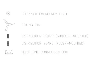 Símbolos de luz de emergencia, ventilador de techo, cuadros de distribución y caja de conexión telefónica