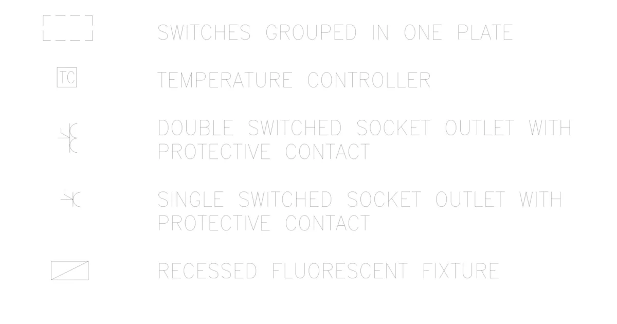 Símbolos eléctricos de interruptores, tomas y luminaria en DWG — vista previa CAD