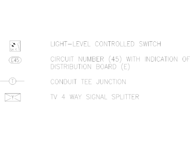 Símbolos de interruptor por nivel de luz, identificación de circuito, unión en T de conducto y divisor de TV de cuatro vías