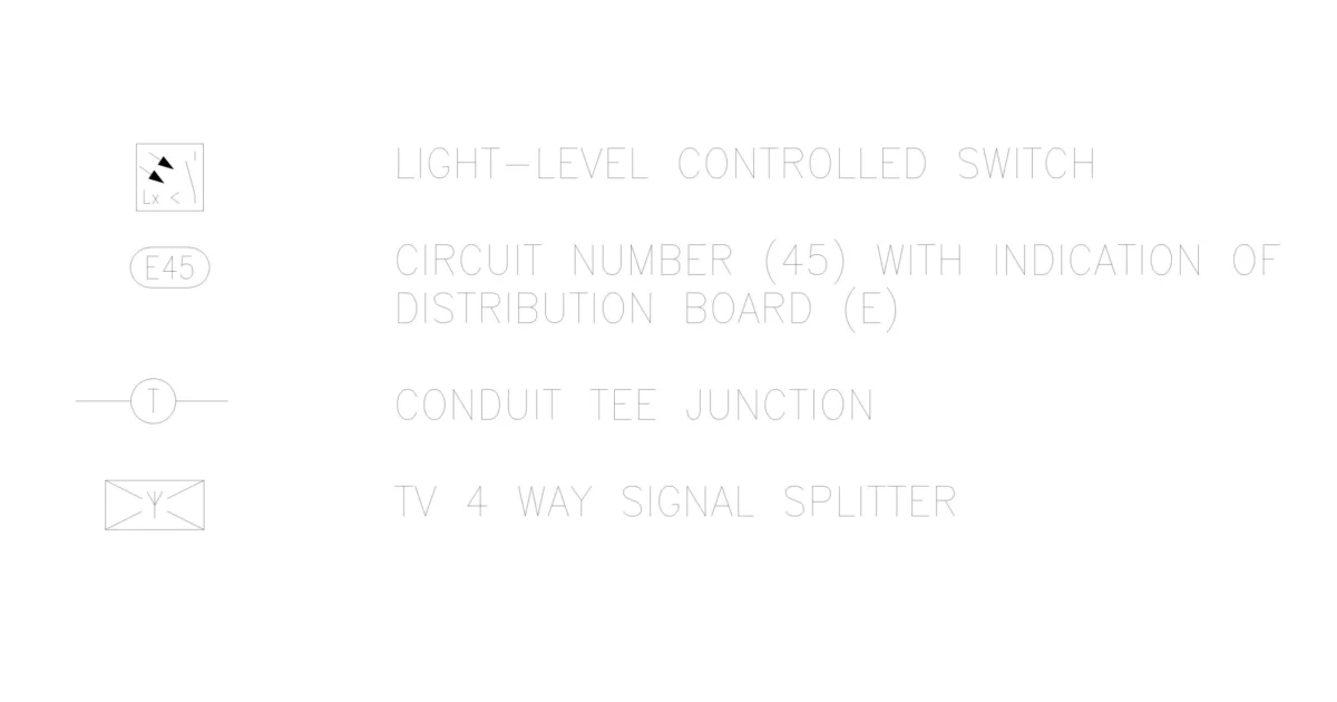 Símbolos eléctricos de interruptor por luz, unión en T y divisor de TV en DWG — vista previa CAD