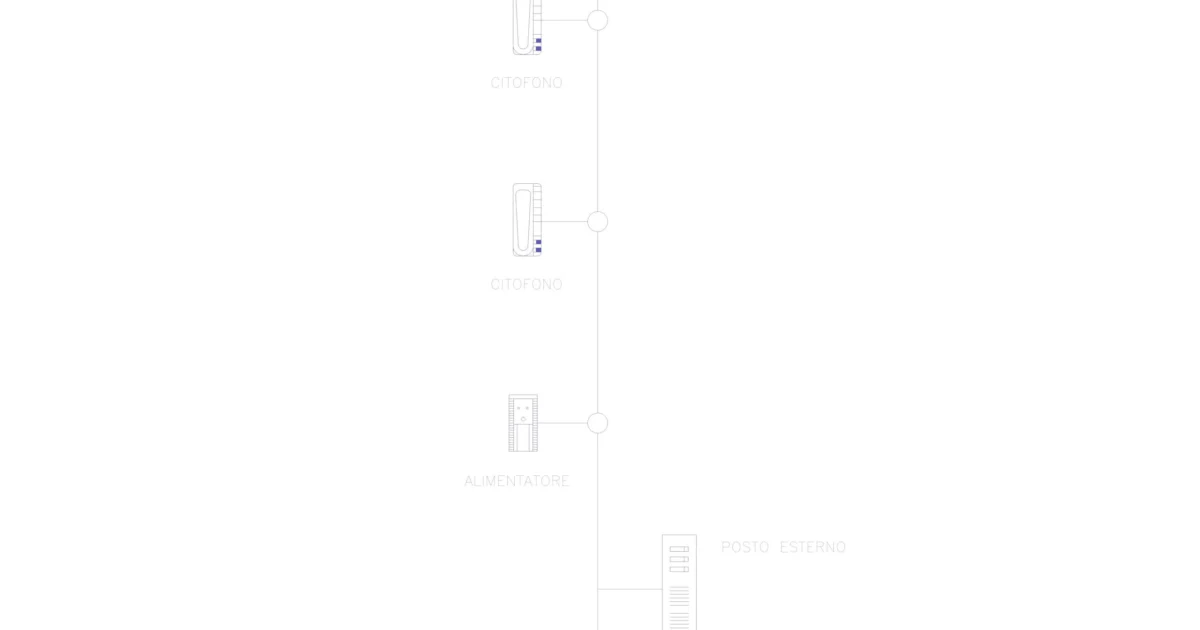 Esquema de intercomunicación DWG con dos citófonos interiores, alimentador y puesto exterior conectados
