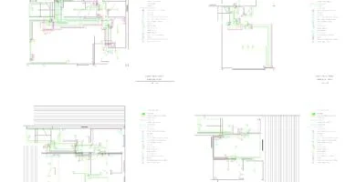 Planos de instalaciones DWG eléctricas con cuatro distribuciones en planta, circuitos de colores y leyendas técnicas
