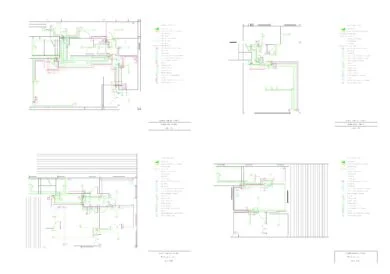 Planos de instalaciones DWG eléctricas con cuatro distribuciones en planta, circuitos de colores y leyendas técnicas