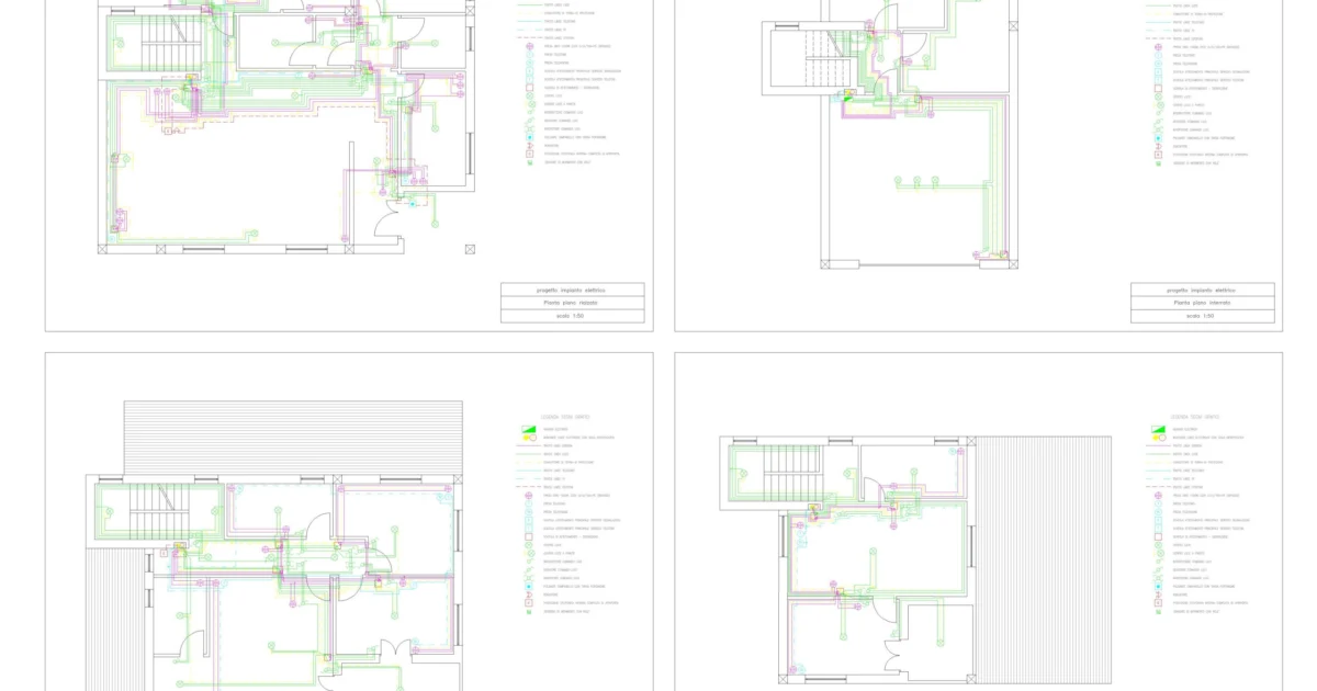Planos de instalaciones DWG eléctricas con cuatro distribuciones en planta, circuitos de colores y leyendas técnicas