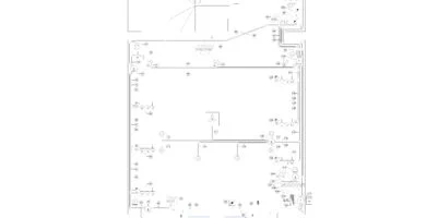 Distribución de puntos eléctricos y conexiones DWG con símbolos de iluminación, referencias numeradas y recorridos sobre una planta arquitectónica