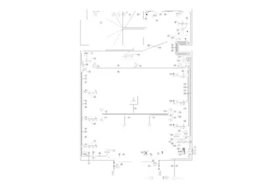 Distribución de puntos eléctricos y conexiones DWG con símbolos de iluminación, referencias numeradas y recorridos sobre una planta arquitectónica