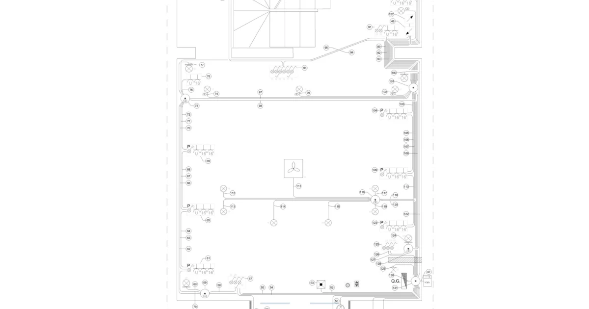 Distribución de puntos eléctricos y conexiones DWG con símbolos de iluminación, referencias numeradas y recorridos sobre una planta arquitectónica